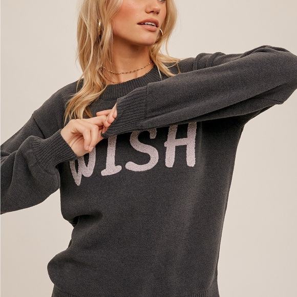 Hem & Thread Sweaters - Hem & Thread Charcoal Sweater with 'WISH' Motif
